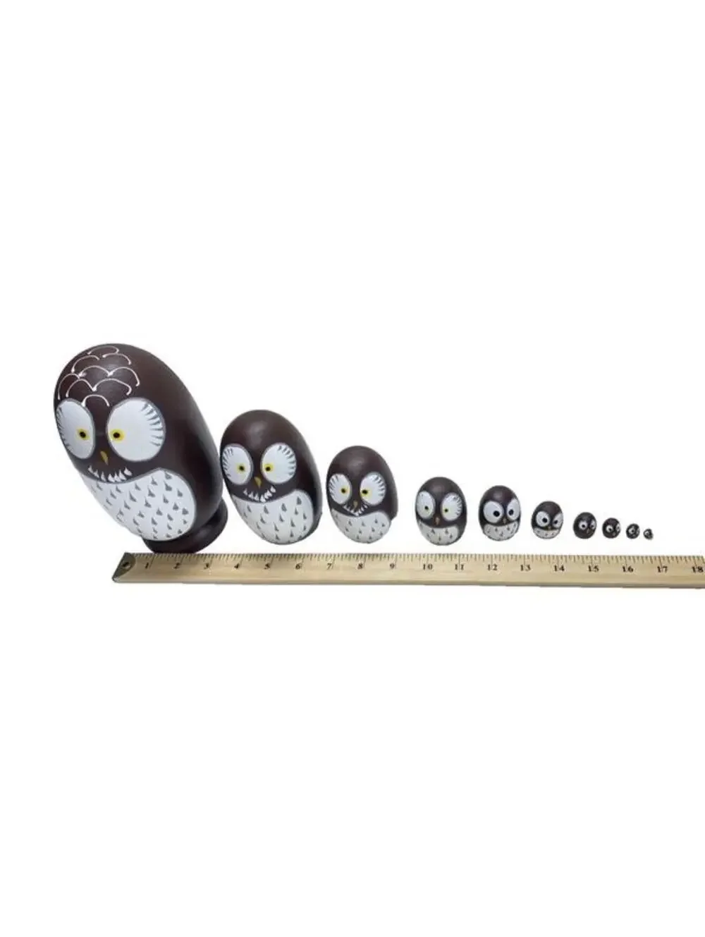 Wooden Owl Nesting Dolls - 10 Piece Set - Brown and White - Hand-Painted